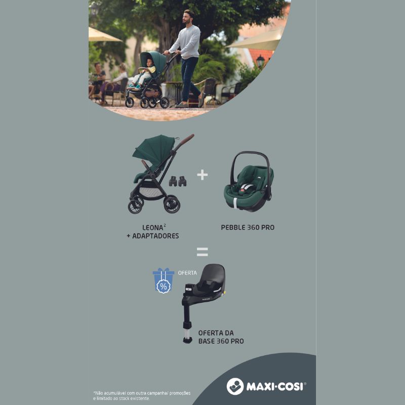 Campanha Leona, adaptadores, pebble360ºPro  com oferta da Base Familyfix Pro 360º da Maxi Cosi
