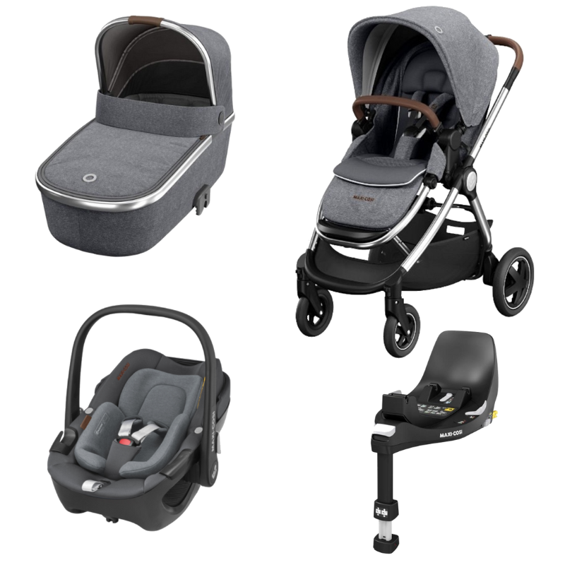 Adorra Luxe, Pebble 360º Luxe, Oria Luxe e base familyfix 360º Twilllic grey da Maxi Cosi